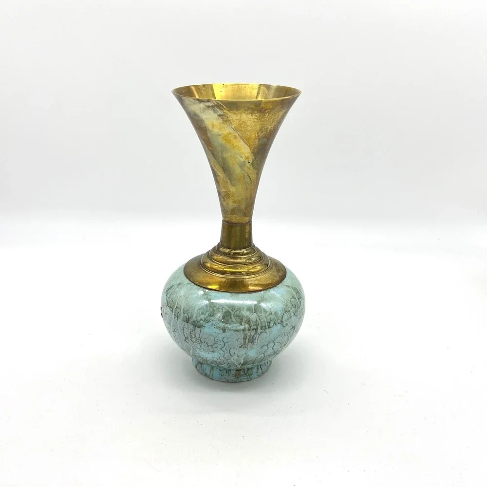 Vintage Holland Turquoise Crackle Ceramic and Brass‎ Flared Bud Vase MCM